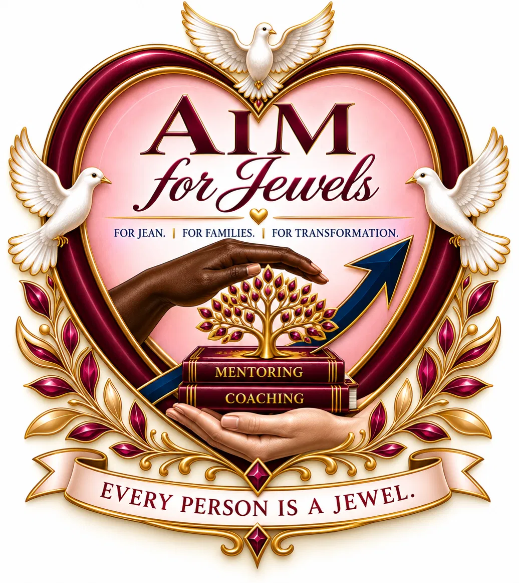 AIM For Jewels emblem: a heart framed by doves and gold leaves, with hands holding a jeweled tree above books labeled Mentoring and Coaching, and the words For Jean, For Families, For Transformation and Every Person Is a Jewel.